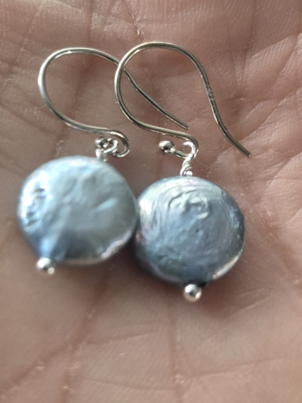 925 Sterling Silver Wirh Authentic Blue Iridescent Coin Pearl Drop Earrings - Picture 2 of 3